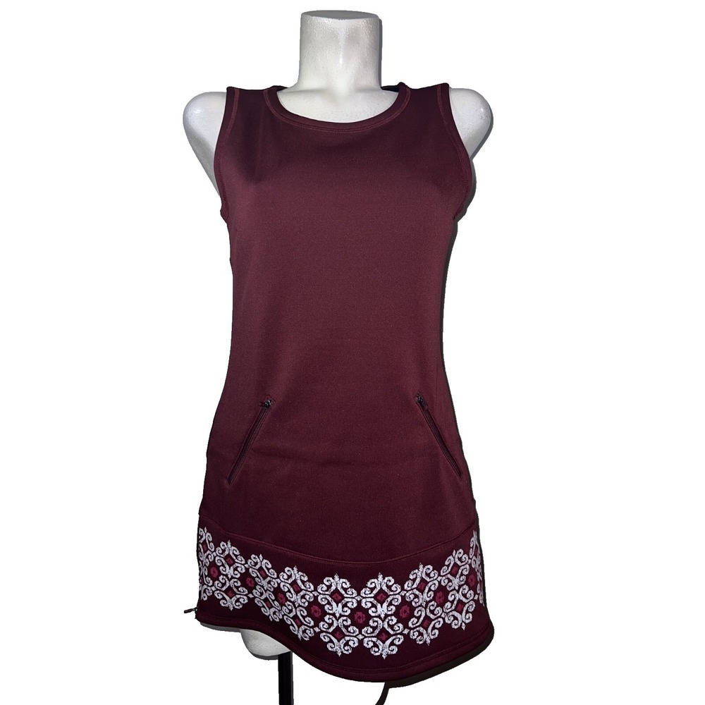 Athleta Womens Size S Burgundy Sleeveless Embroidered Hem Fleece Dress Pockets